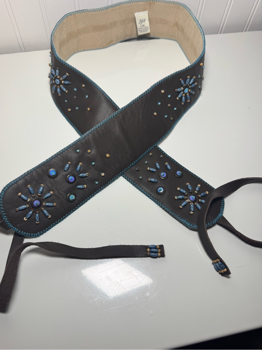 J. Jill Brown Leather Waist Belt with Turquoise Bead Embellishment